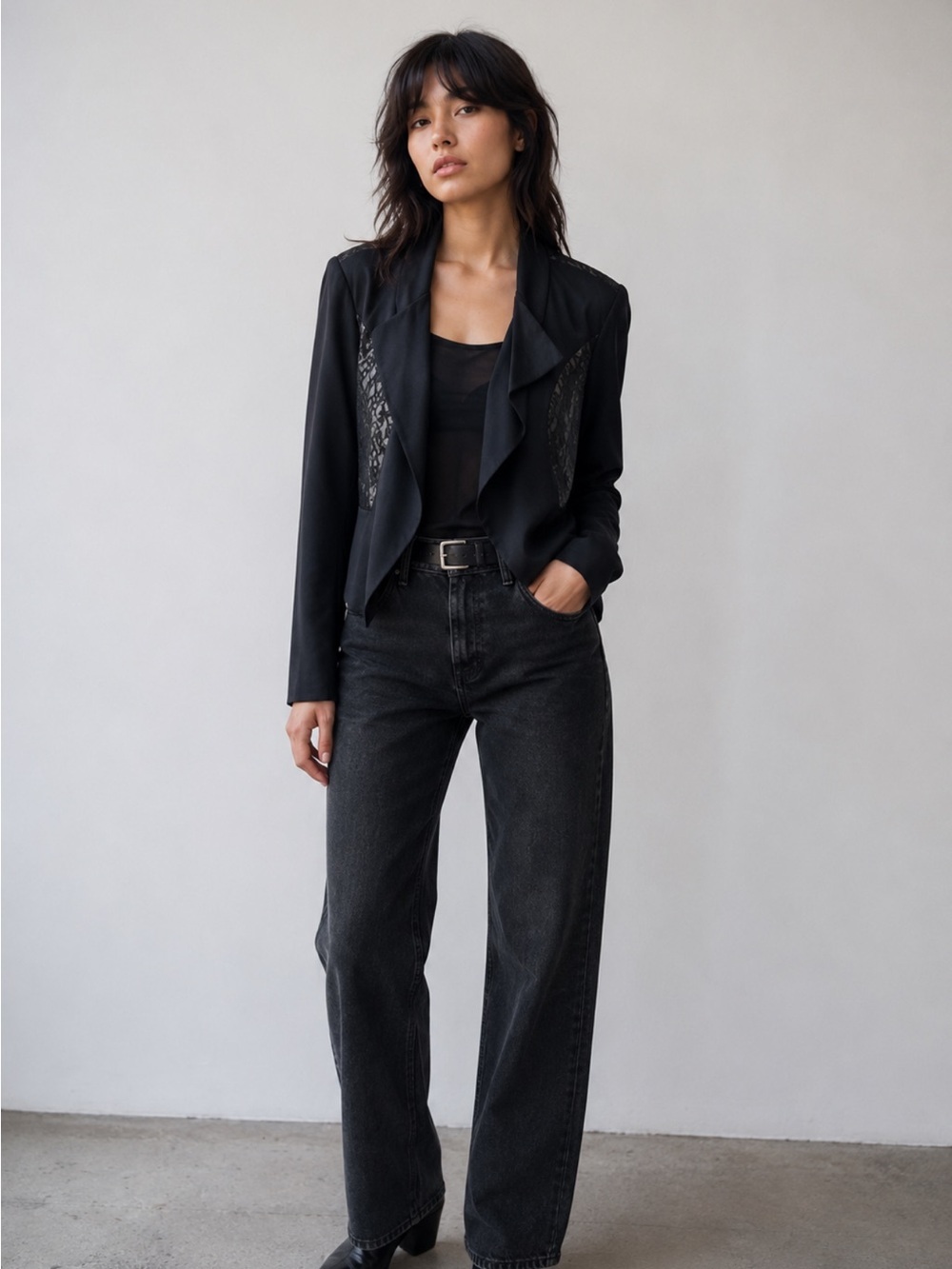 CAbi Black Asymmetrical Zip Jacket with Lace Panels – Women’s Size 12